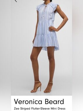 Veronica Beard Light Blue & White Striped Flutter-Sleeve Mini Dress